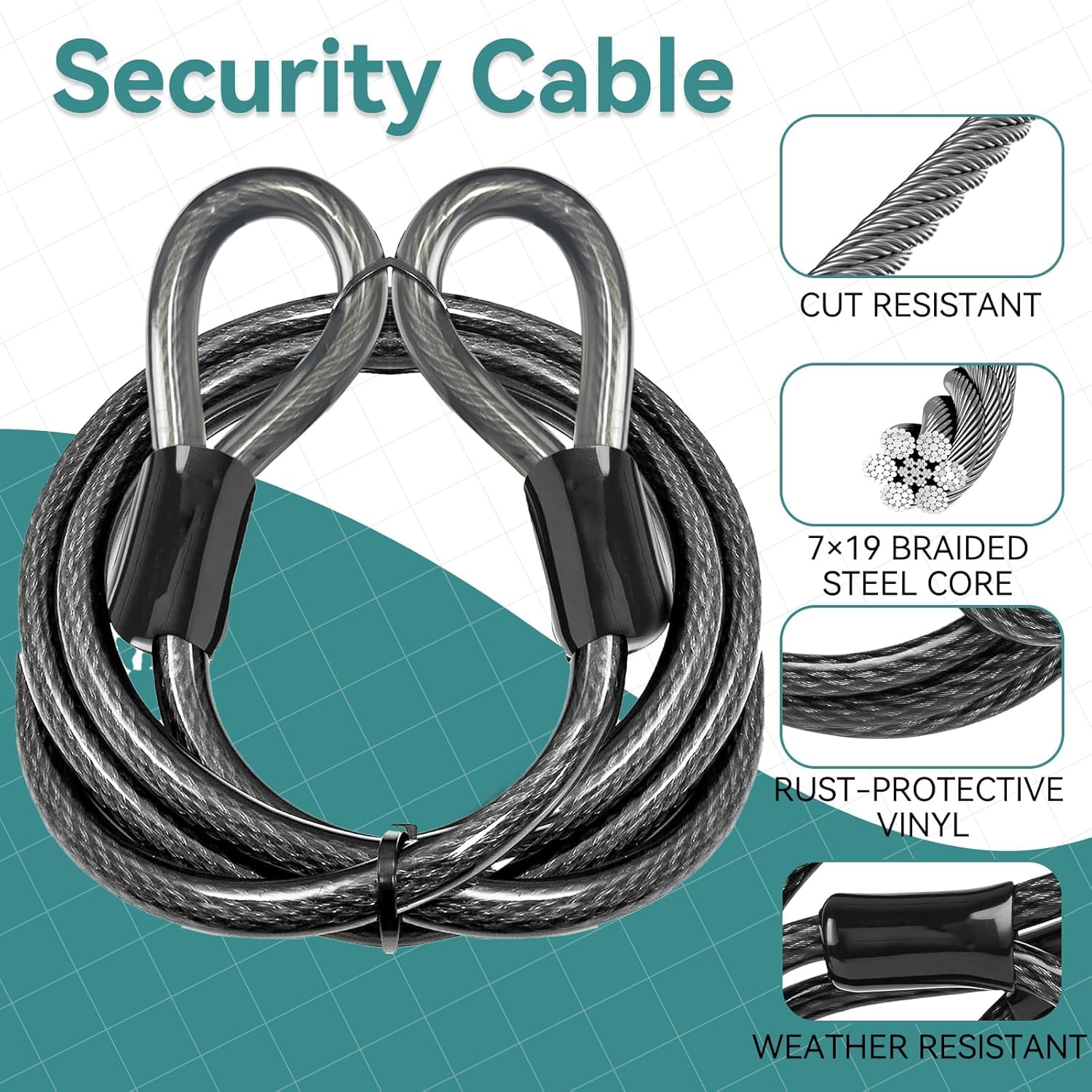 Heavy Duty Security Cable, Commercial Security Cable with Loops, Locking Cable for Trailers,Patio Outdoor Equipment,Pad-locks,U-locks, Key Lock,or Disc-locks To Secure High-Value Equipment Safe(20-FT)