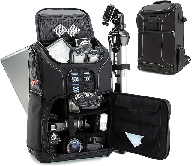 USA Gear DSLR Camera Backpack Case - 15.6 inch Laptop Compartment, Padded Custom Dividers, Tripod Holder, Rain Cover, Long-Lasting Durability and Storage Pockets - Compatible with Many DSLRs (Black)