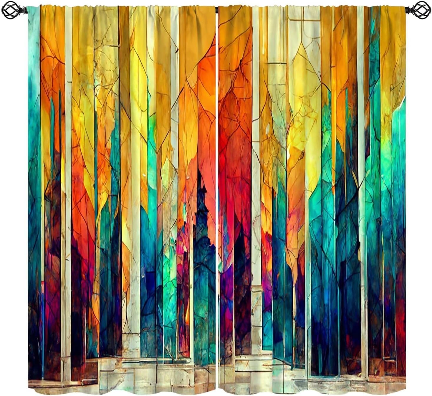 Stained Glass Curtains Broken Glass Modern Colorful Abstract Mosaic Art Church Style Window Treatment for Living Room Bedroom Rod Pocket Blackout Decor Window Drapes 42" W X 54" L
