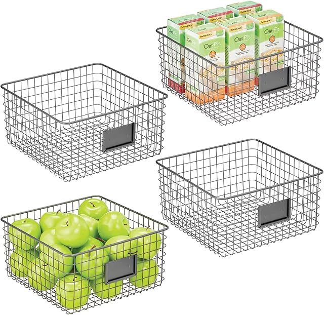 mDesign Wire Storage Basket  Wire Basket for Storing Items around the Home  Metal Basket for Kitchen, Bedroom, Bathroom and More  Set of 4  Dark Grey