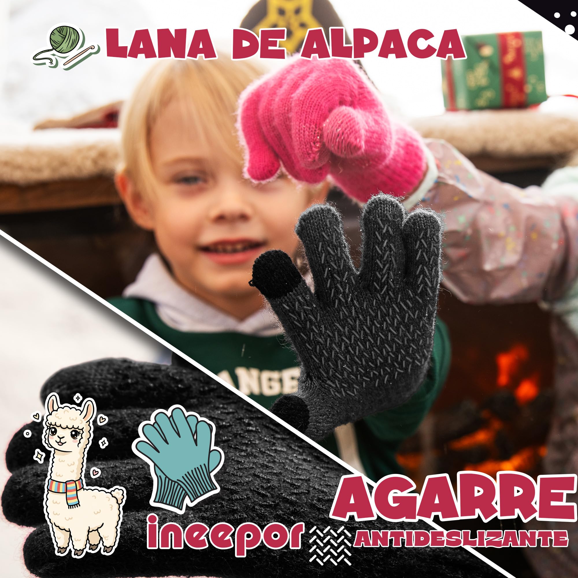 Guantes Termicos Niño Alpaca Forro Polar Invierno Doble Capa Cortaviento Punta Tactil 3-12 Anos