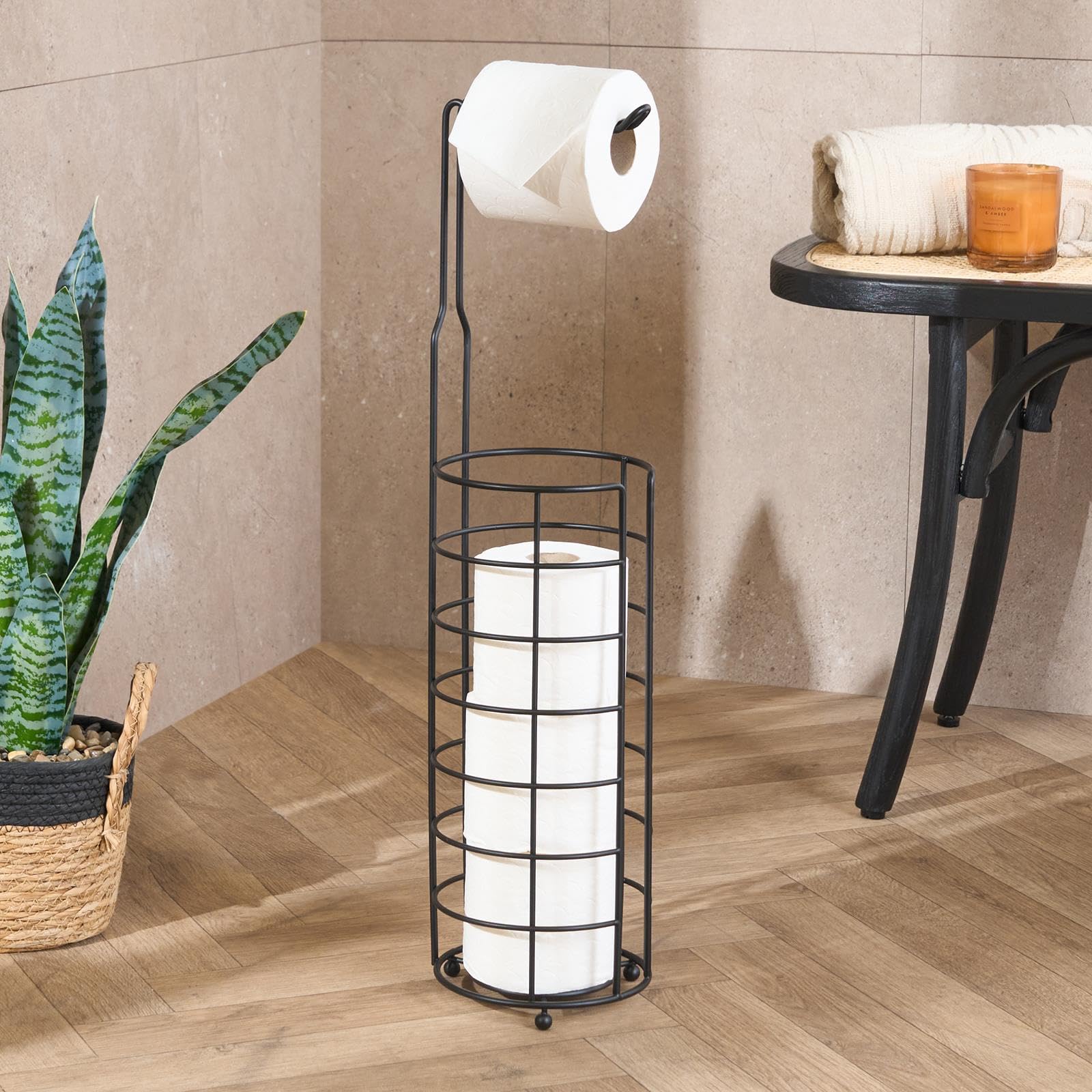 Ohs Black Freestanding Toilet Roll Holder, Metal Wire Bathroom Roll Holder Stand Storage For 4 Toilet Papers Waterproof Anti Rust Tissue Storage Dispenser