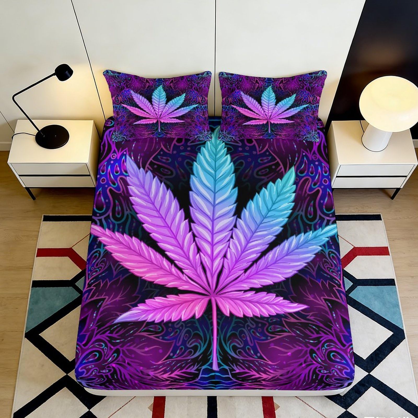 Pnayamiorkfel Style-1 3D Printed Psychedelic Leaf Fitted Sheet Microfiber Soft Purple Blue Abstract Mattress Cover For Bedroom Dorm Decor 90X200x25cm