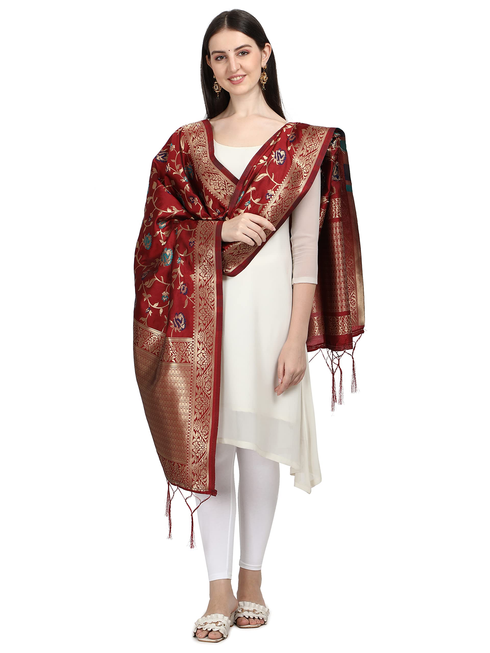 DEVANGI Women's Printed Banarasi Silk Dupatta Width 1 Meter, Length 2.5 Meter (OM-DT-10-MAROON) 1