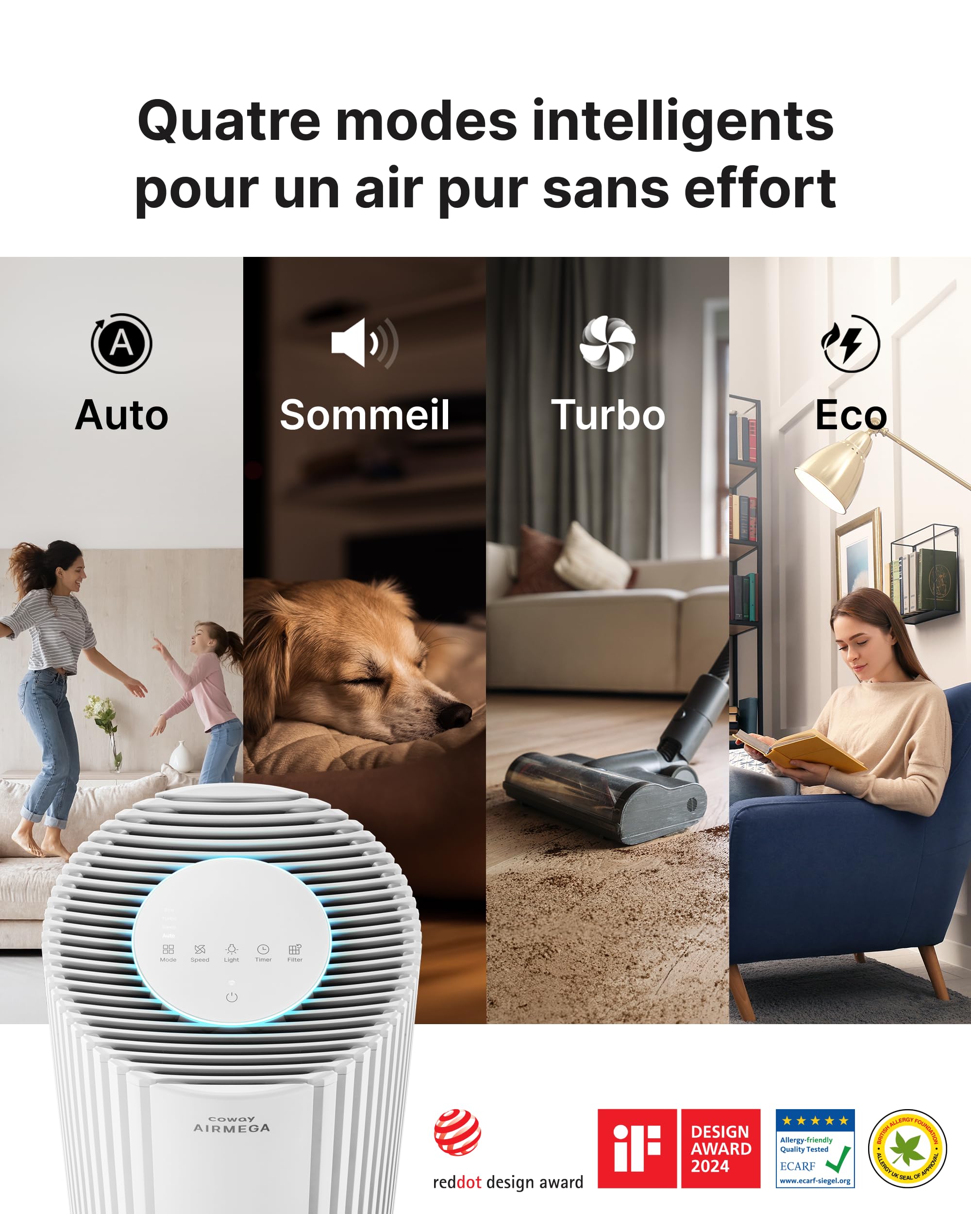 COWAY Purificateur d’air grande pièce, CADR 713 m³/h, purifie 148 m² en 30 min, filtre HEPA contre fumée, allergènes, poils d’animaux, odeurs, capteur PM10, mode éco, AIRMEGA 350 blanc