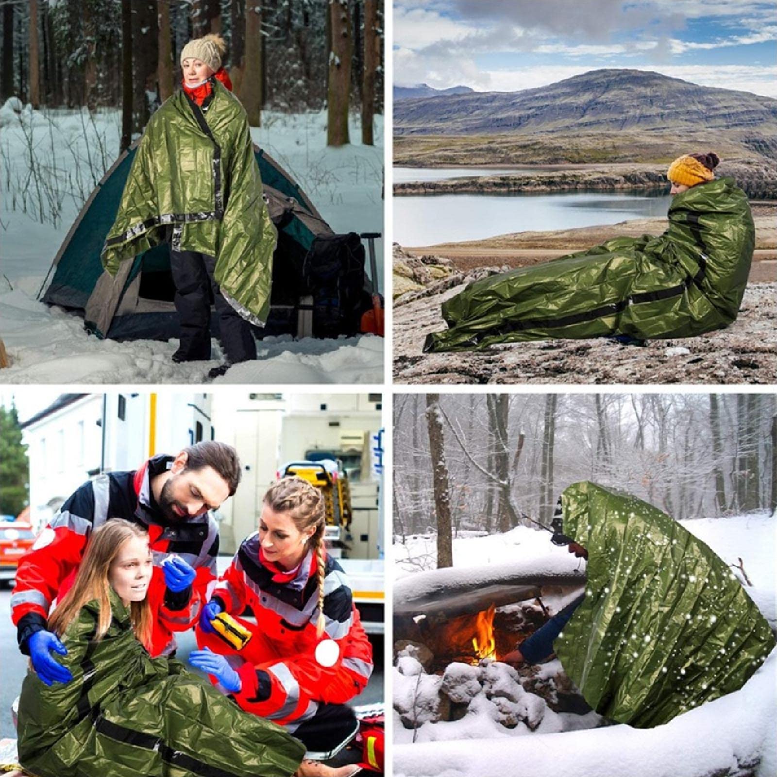 Sac de couchage de survie, sac de bivouac d'urgence, couverture de sauvetage d'urgence, couverture réutilisable pour le camping, la randonnée, les festivals, les activités de plein air, vert 3 pièces