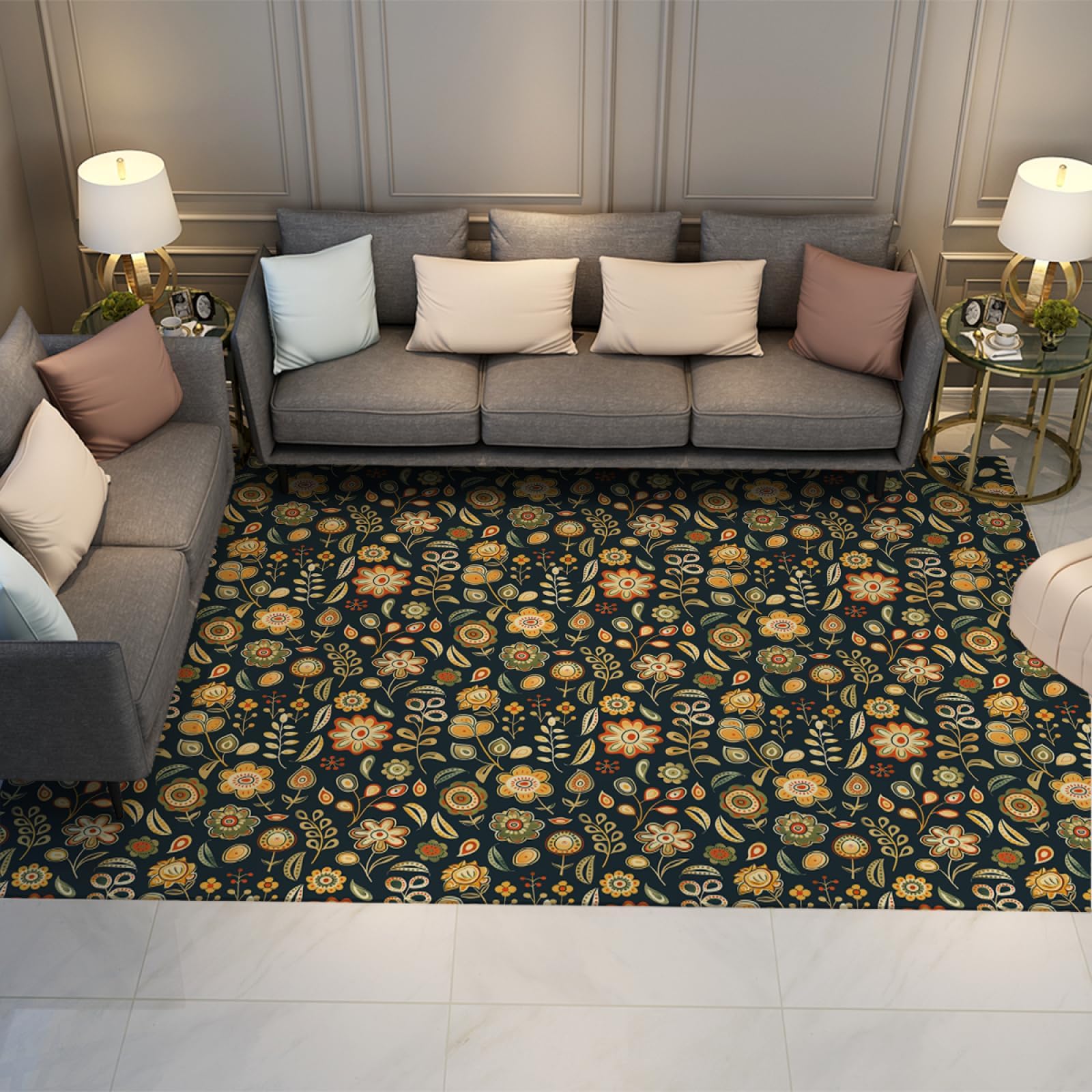 UERWOWELL Nordic Boho Area Rugs for Living Room Cartoon Floral Print Fluffy Floor Carpet for Bedroom Farmhouse Thin Runner Rugs for Hallway 60x90cm