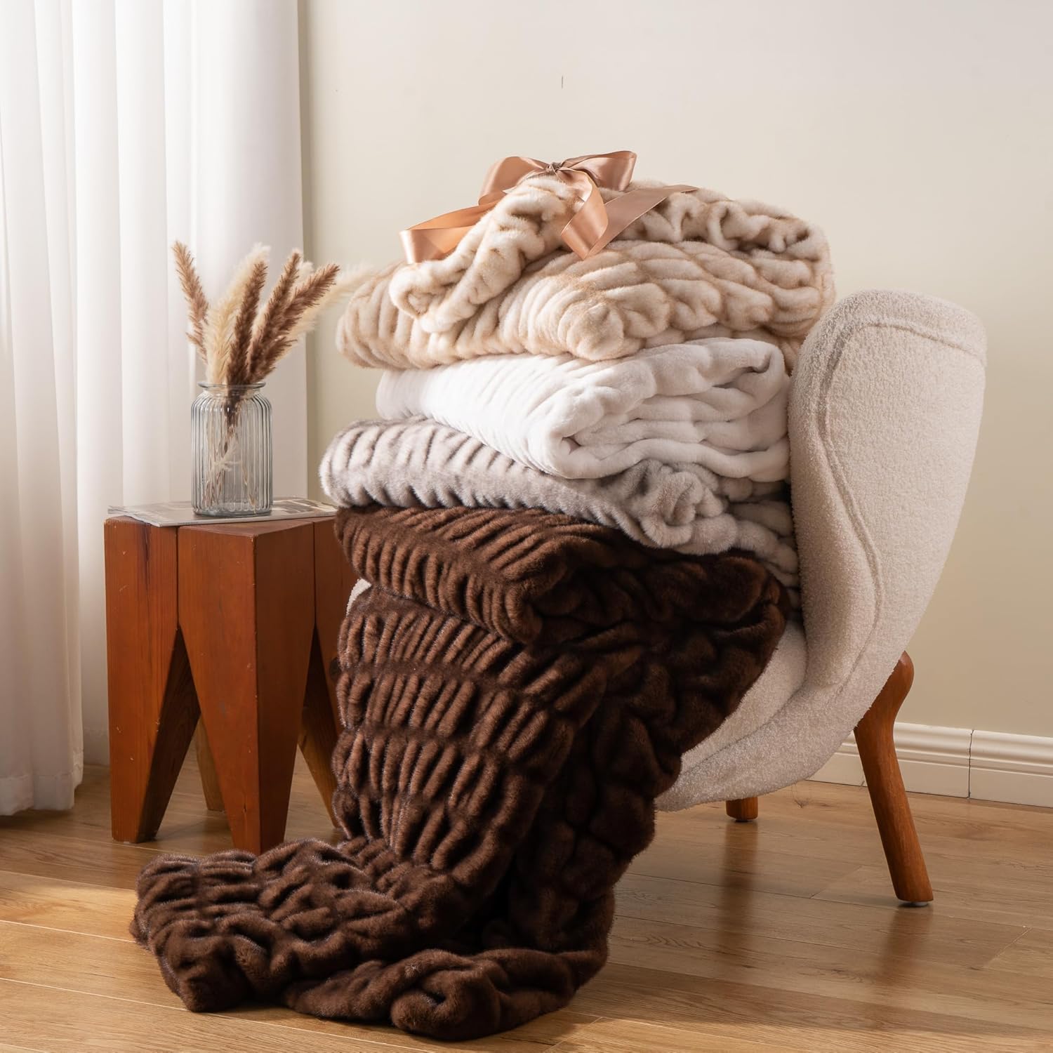 Battilo Rabbit Faux Fur Throw Blanket for Couch, Soft Fluffy Ruched Fur Blanket, Cozy Thick Warm Fuzzy Decorative Mink Blanket for Bed Chair Sofa 50"x60"(Tip Dye Yellow) - Image 5