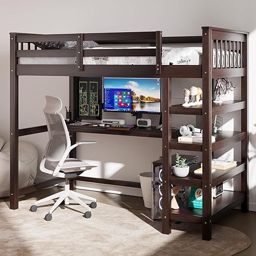 Merax Wood Loft Bed with Desk and Shelves : Twin Size Bed with Storage Shelves and Under-Bed Desk, Twin Loft Bed, Espresso Color