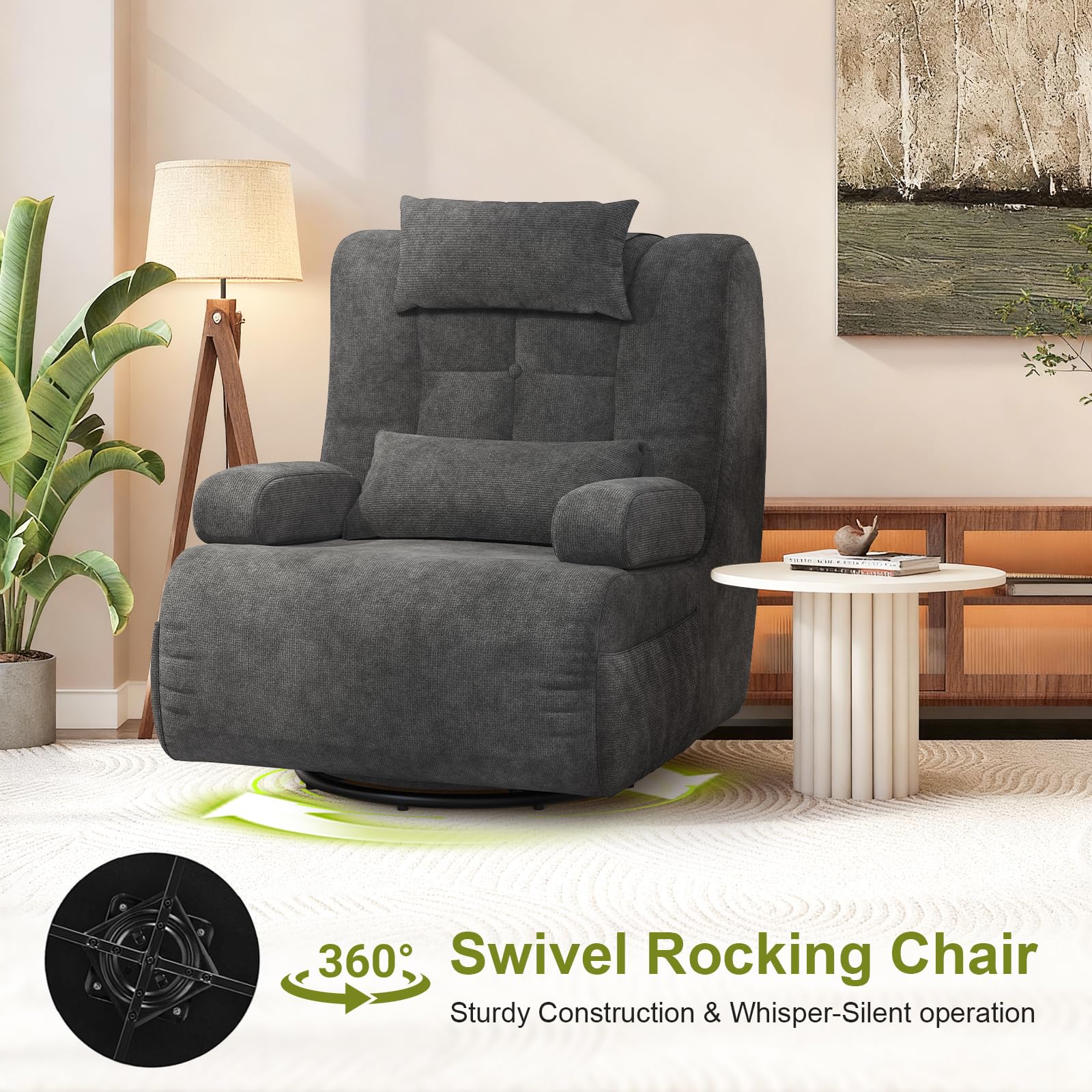 Fauteuil Salon pour Salon avec 2 Coussins Supplémentaires, Dossier et Coussin Rembourrés, 2 Poches Latérales, 360° Fauteuil Pivotant per Home Cinéma, Fauteuil Surdimensionné à Dossier Haut