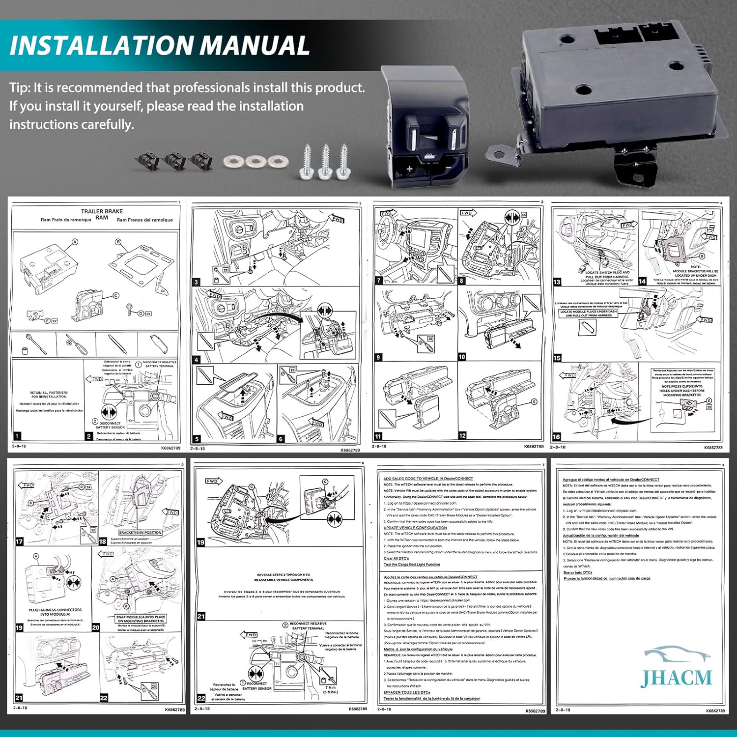 Trailer Brake Controller Module Compatible with Dodge Ram 1500 DT 2019 2020 2021 2022 2023 in-Dash Trailer Brake Controller Replace 82215278 82215278AE 82215278AD 82215278AC