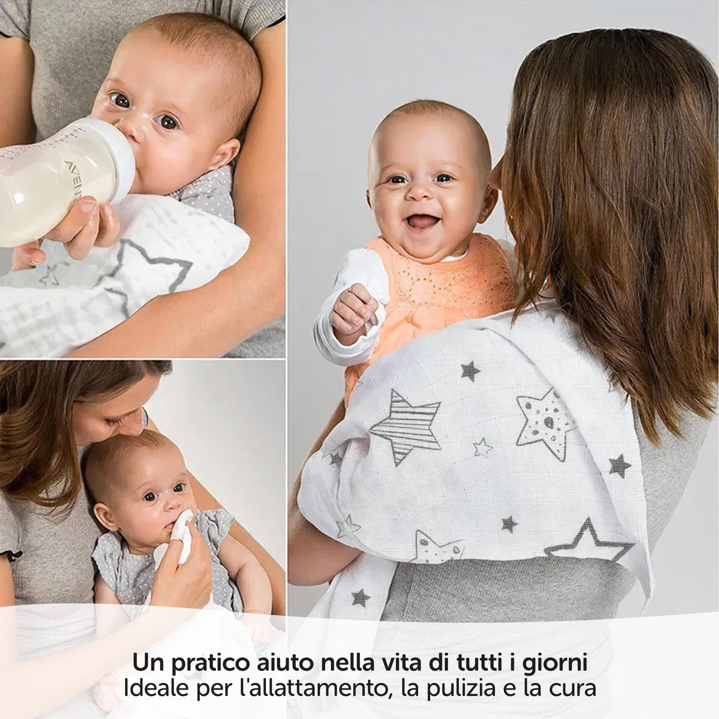 Teli Mussola Neonato 70x70 cm 4 Pezzi Oeko-Tex Standard 100 Stelle Grigio