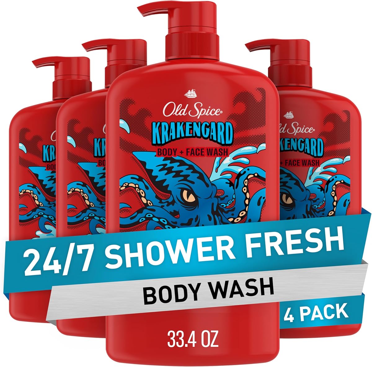 Cleansing Body Wash for Men, 3X Defense, 24/7 Shower Fresh with Lasting Scent, 2-in-1 Body & Face Wash, Krakengard with Deep Ocean Scent, 33.4 (Pack of 4)