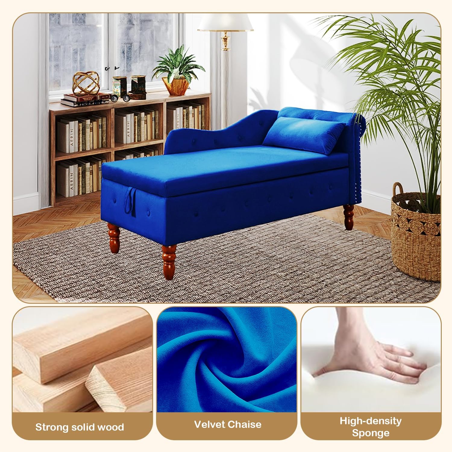 Tufted Upholstered Velvet Rolled Arm Chaise Lounges Indoor Chair, Right Arm Facing Chaise Lounge with Nailhead Trim and 1 Pillow,for Living Room Bedroom Office (Navy Blue)