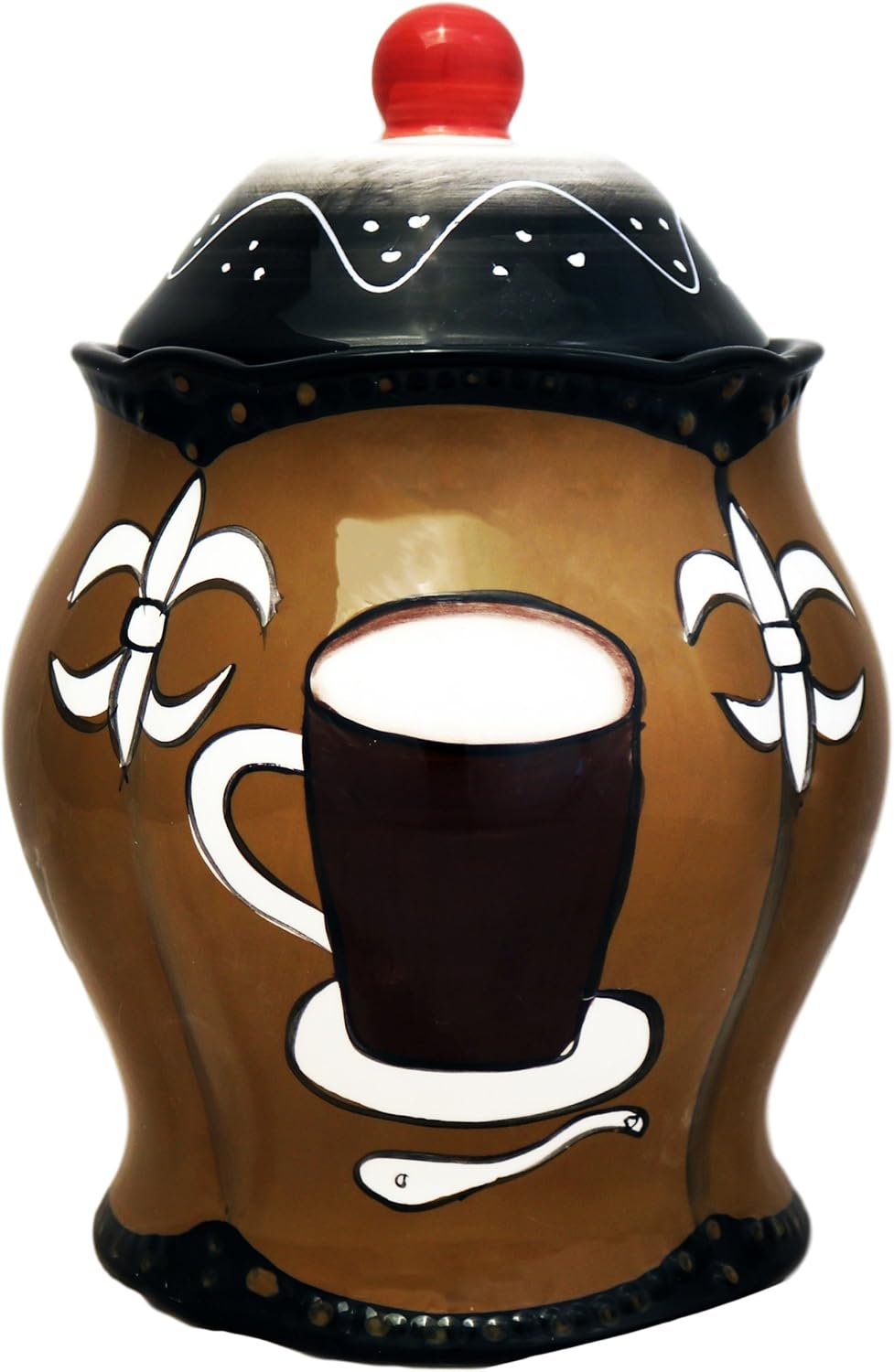 ACK Tuscany Hand Painted Fleur De Lis Coffee Design Collection Ceramic Cookie Jar with Lid, Food Storage Jar, Kitchen Décor, Snack Storage Container for Cookie, Candy