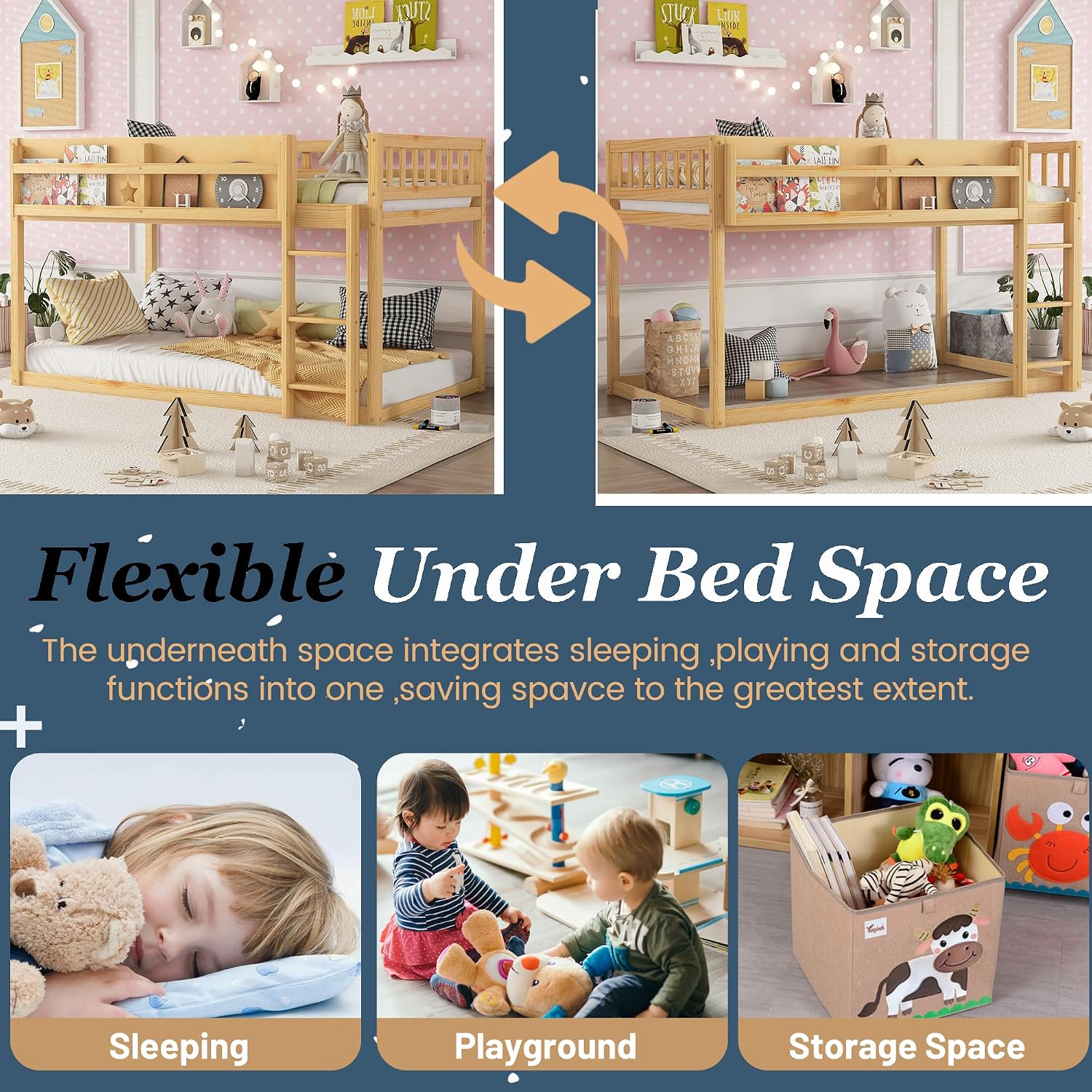 Low Bunk Bed Twin Over Twin, Wood Toddler Bunk Beds with Bookshelf & Ladder, Kids Floor BunkBed with Full Guardrails for Juniors, Boys, Girls Bedrooms or Small Spaces,Natural