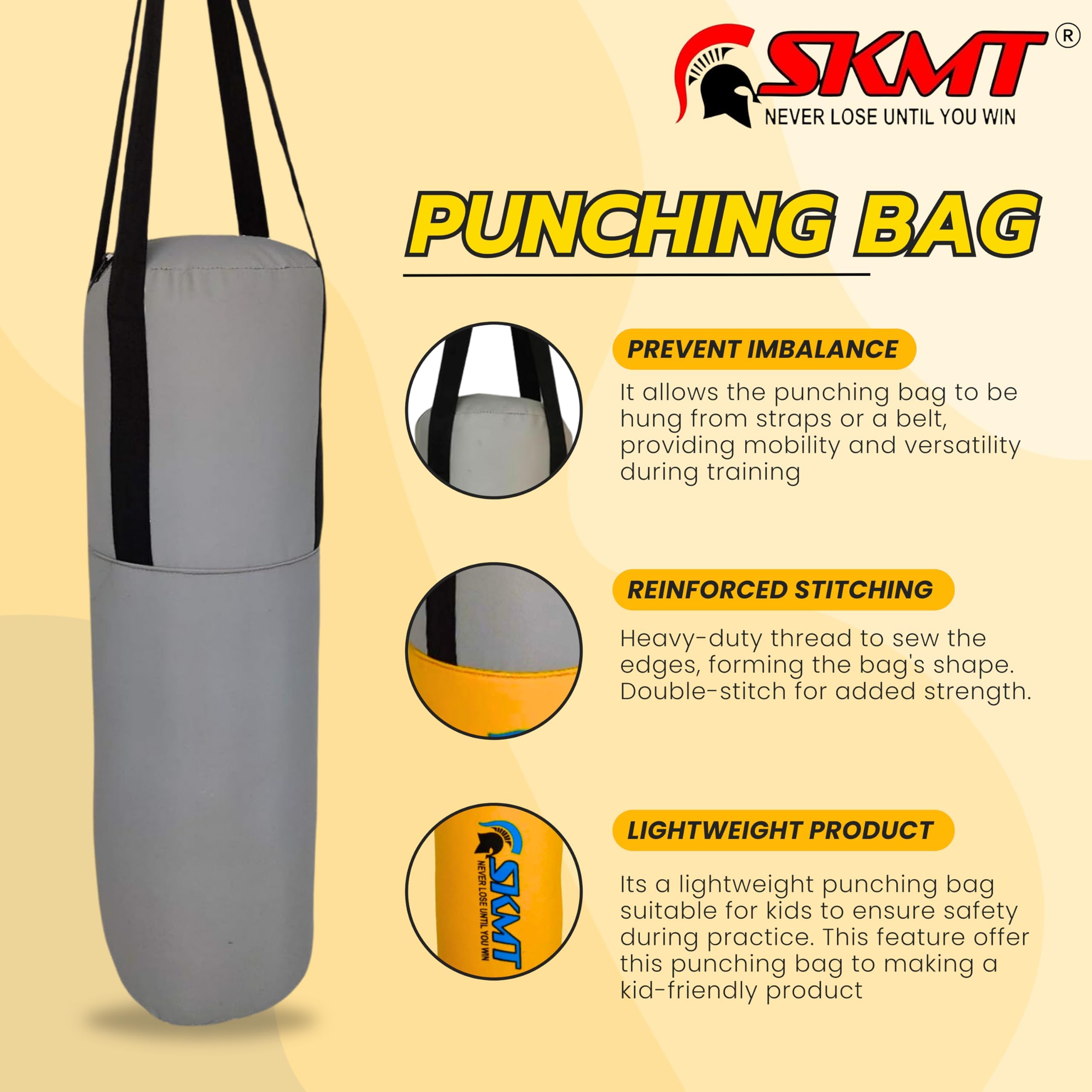 SKMT NEVER LOSE UNTIL YOU WIN Boxing Kit, Boxing Set for Kids, Boxing Kit for Children (Filled Punching Bag, Gloves and Headgear, Age 7-13 Years) (Yellow) 1