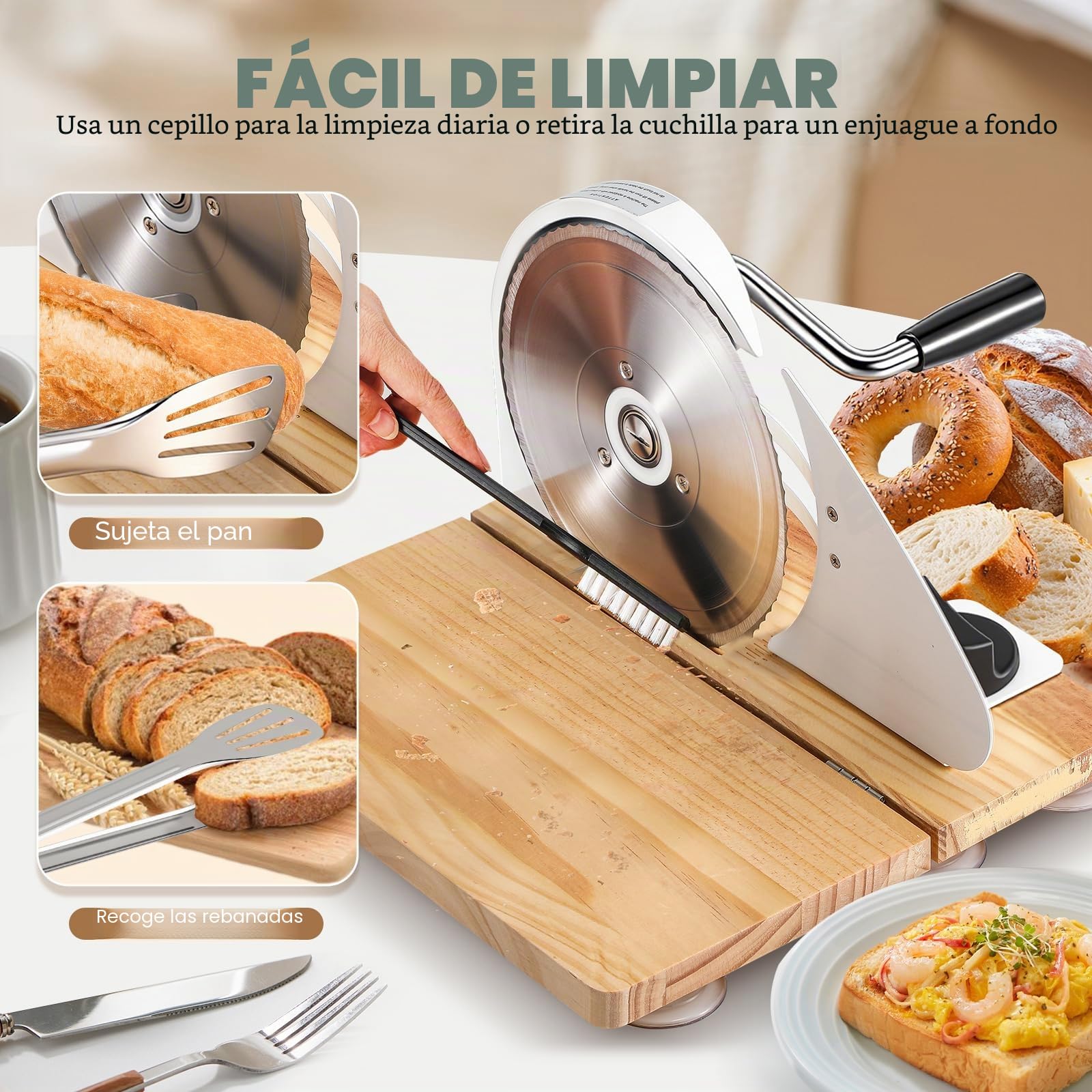Huanyu Cortadora de pan manual con grosor ajustable de 0 a 2 cm Cortadora de pan de masa madre plegable con ventosas (Blanco)