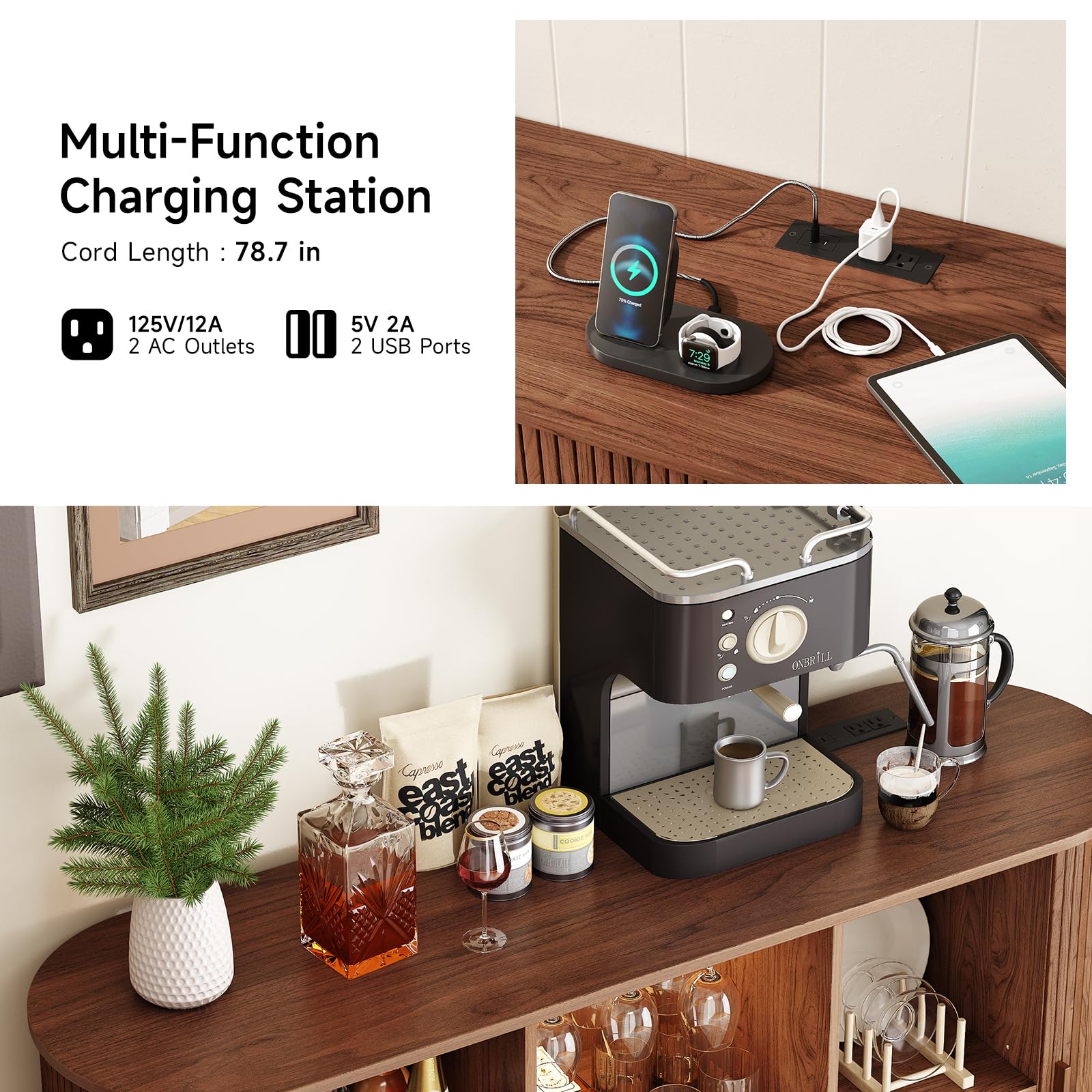 ONBRILL Armadietto da bar con luce a LED, moderna stazione per liquori, whisky, caffè, con portabottiglie e supporto per bicchieri, credenza da buffet per casa, soggiorno, cucina, ingresso (noce)
