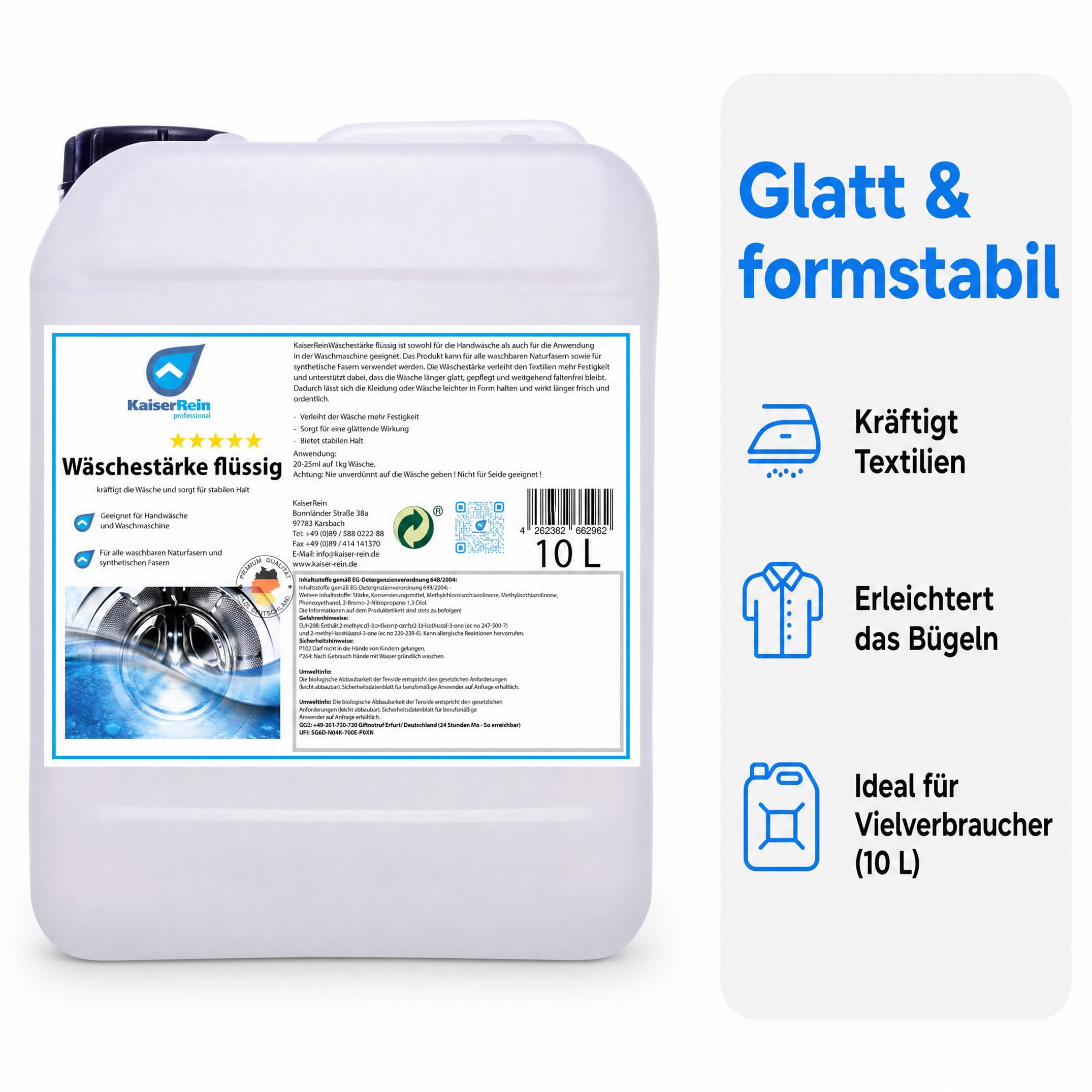 KaiserRein Wäschestärke flüssig 10 L, Wäschesteife für stabilen Halt & glattes Finish, Bügelstärke für Waschmaschine & Handwäsche, für Natur- & Synthetikfasern (nicht für Seide), dosierbar