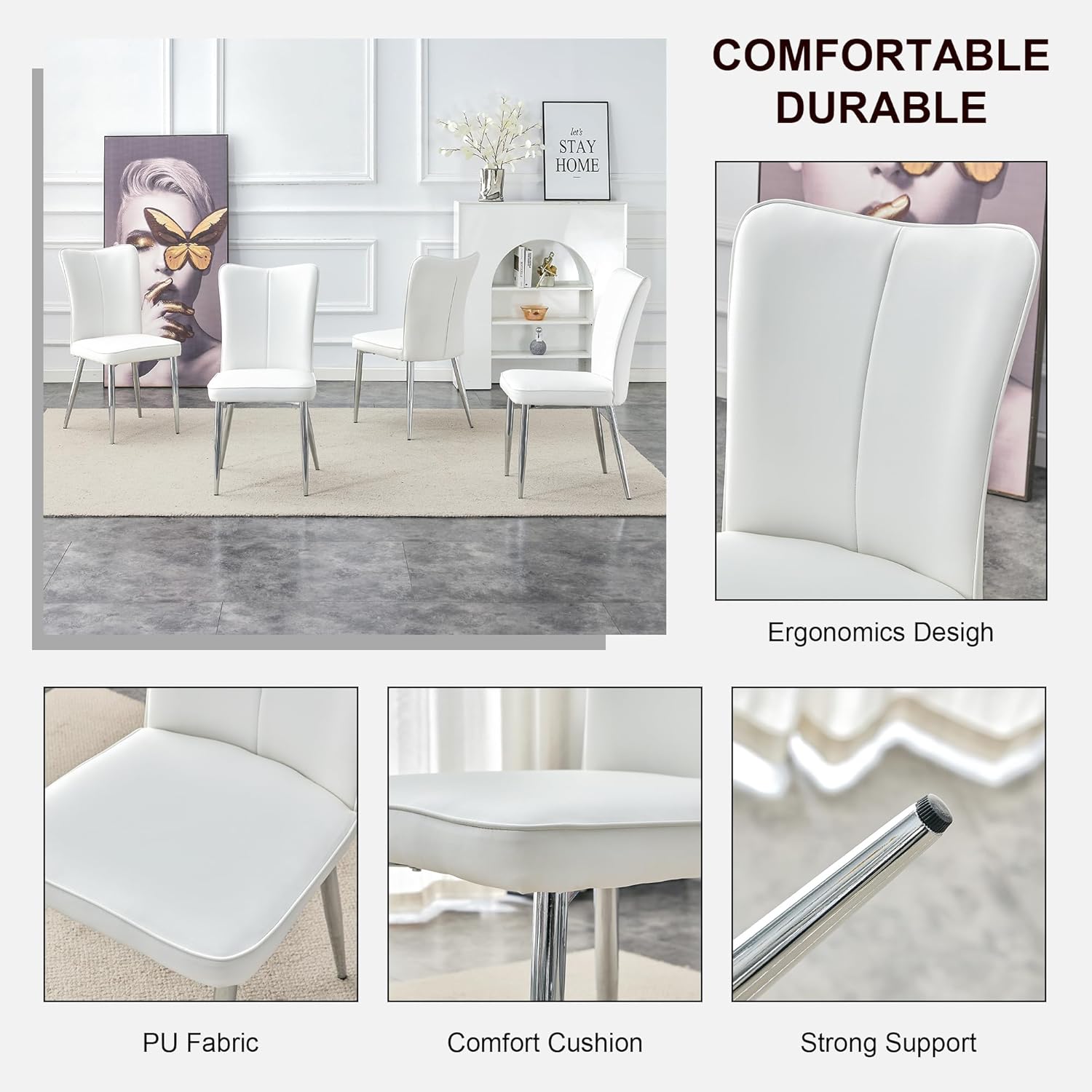 Modern Minimalist Dining Chairs, Office Chairs. 4-piece Set of White PU Seats with Silver Metal Legs. Suitable for Restaurants, Living Rooms, and Offices