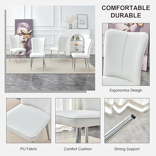 Miniatura 6 de Juego de 4 sillas blancas, sillas de cocina blancas con tapizado de cuero y patas de metal, sillas de comedor de cuero blanco para comedor, sala de