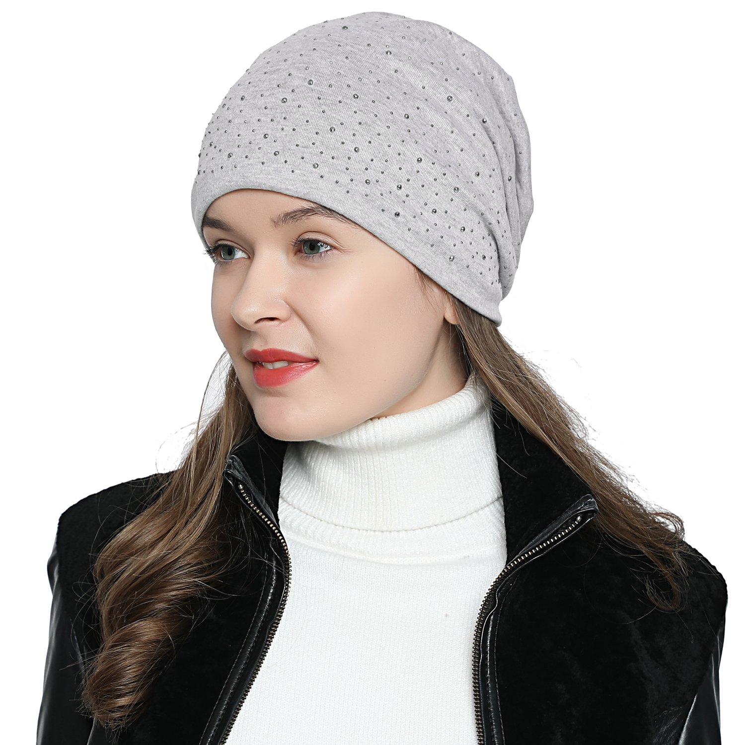 Dondon Women's Light Grey Slouch Beanie With Strass Rhinestones And Soft Inner Lining