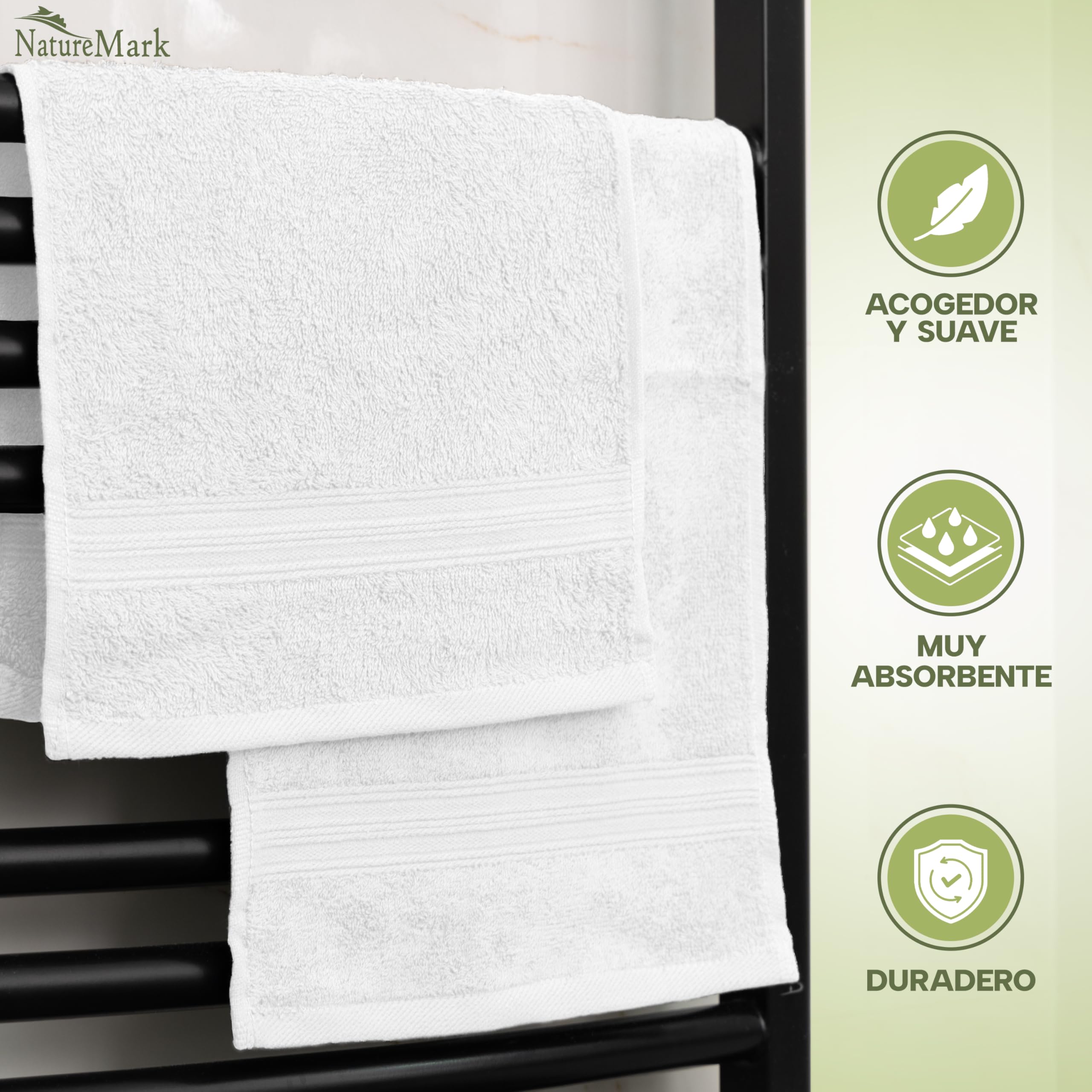 NatureMark Toallas de Invitado – Pack de 12 (30x50 cm), 100% Algodón, Certificación Oeko-Tex, Suaves, absorbentes y fáciles de cuidar – para baño, Invitados y SPA – Color Blanco