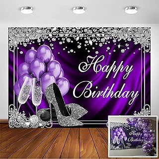 Avezano Silver Purple Birthday Photography Backdrops 7x5ft Purple Balloons Silver High Heels Champagne Diamond Adult Women Birthday Party Banner Decoration for Photo Booth Photoshoot Background
