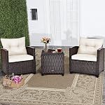RELAX4LIFE 3-Piece Ensemble de meubles de patio, Chaises en osier 2 w/Coussins, Table à café en verre, Canapé de conversation pour balcon côté piscine, Meubles extérieurs de porche de Rattan (blanc)