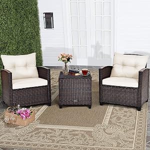 RELAX4LIFE 3-Piece Patio Furniture Set, Wicker Chairs Set of 2 w/Cushions, Glass Coffee Table, Heavy Duty Conversation Sofa for Poolside Deck Balcony, Rattan Porch Outdoor Furniture (White)