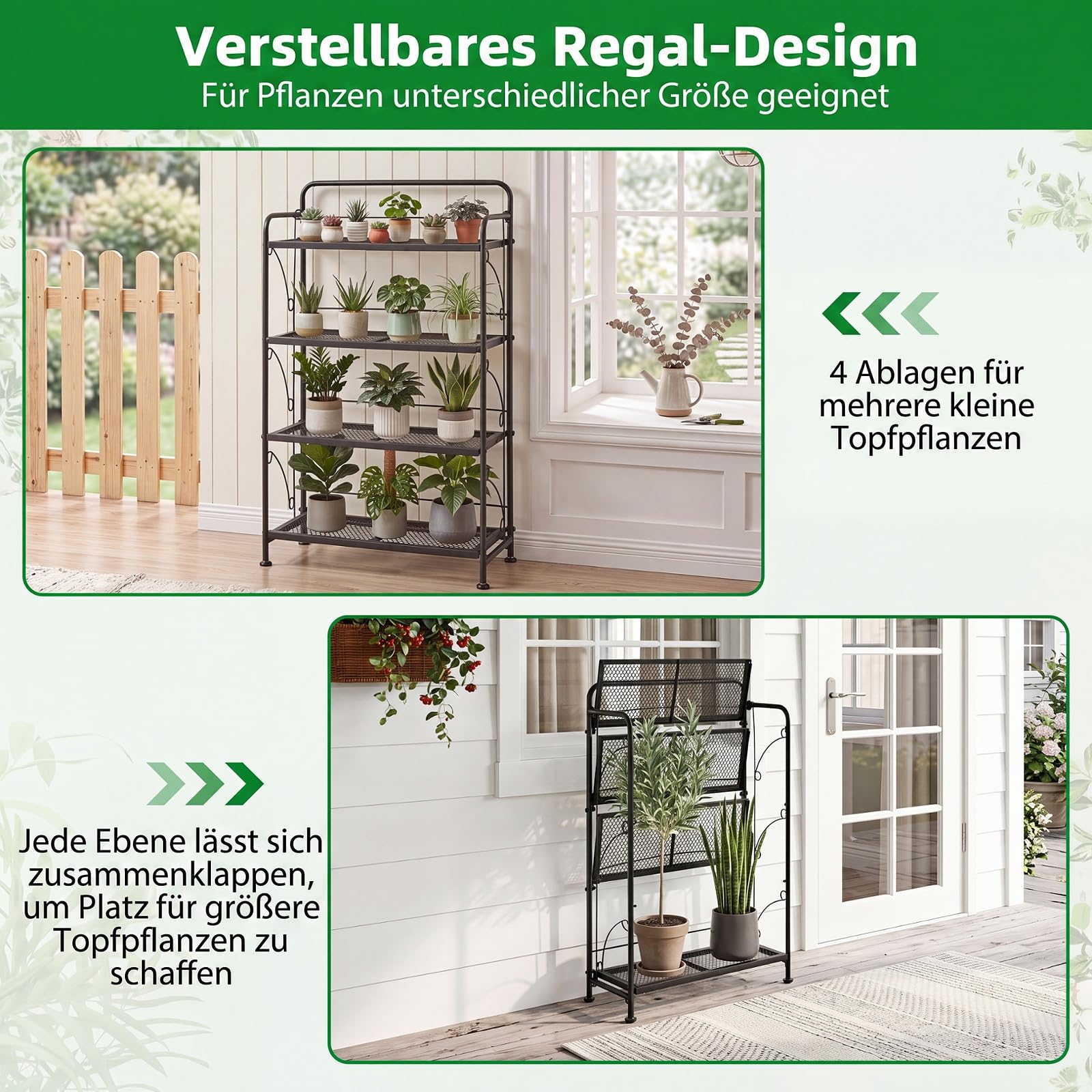 COSTWAY 4 Etagen Pflanzenständer klappbar, Blumenständer Metall, Blumenregal mit verstellbarer Ablage, bis 40kg, Pflanzenregal Blumentreppe Pflanzentreppe, Garten Terrasse Balkon, Schwarz, 60x25x100cm
