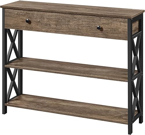 Topeakmart Mesa consola con tomas de corriente y puertos USB mesa de sofá estrecha de 40 pulgadas mesa de entrada industrial con cajón mesa detrás