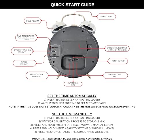 Miniatura 6 de Reloj despertador Atomic Retro Twin Bell para dormitorios. Reloj despertador fuerte para personas que duermen mucho tiempo perfecto para dormitorio,