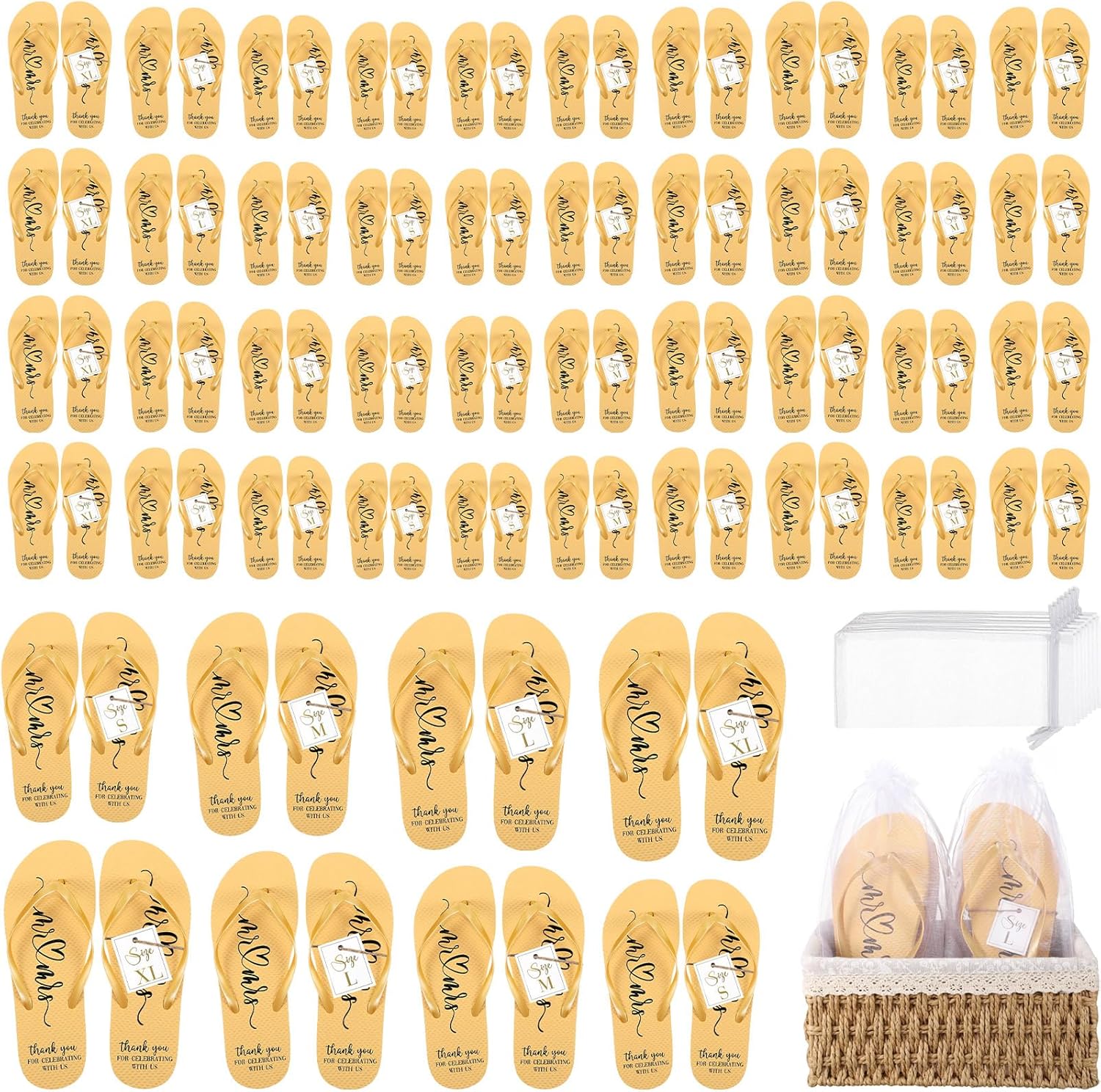 Cuffbow Bulk Flip Flops for Wedding Guest Bride Sandals Spa Slippers with Size Card Organza Bag for Pool Beach Party
