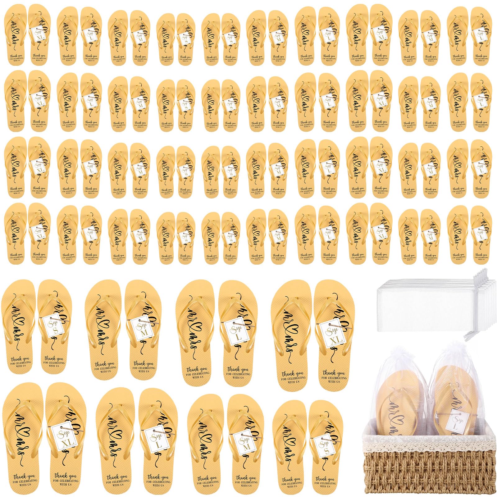 Cuffbow 48 Pairs Bulk Flip Flops for Wedding Guest Bride Sandals Spa Slippers with Size Card Organza Bag for Beach Pool Party