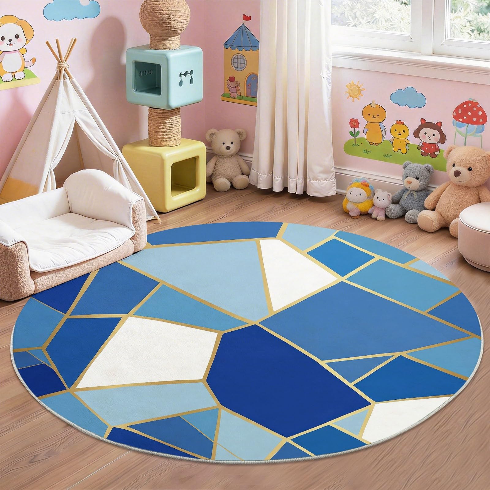 Tappeto rotondo per cameretta dei bambini, motivo astratto, contemporaneo, esagoni, 160 cm, lavabile, per cameretta dei bambini, ragazzi, ragazze, tappeto da gioco per pavimento, antiscivolo, morbido