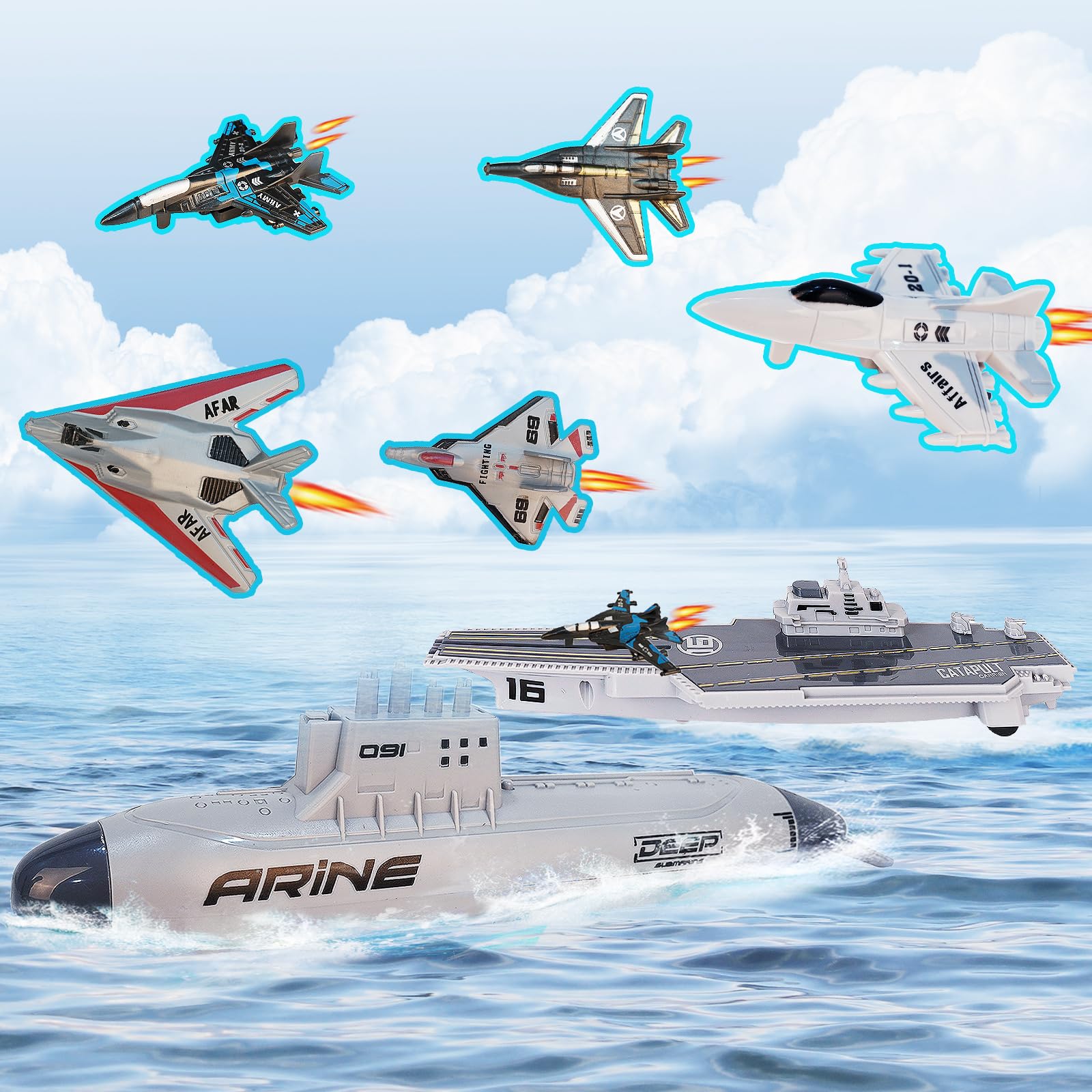 VBACALA Jouets Militaires Navals,Ensemble dejouets Porte Avions pour Enfants, Avions de Combat cuirassés avec Fonction de Repli, jouetsmilitaires U Boat