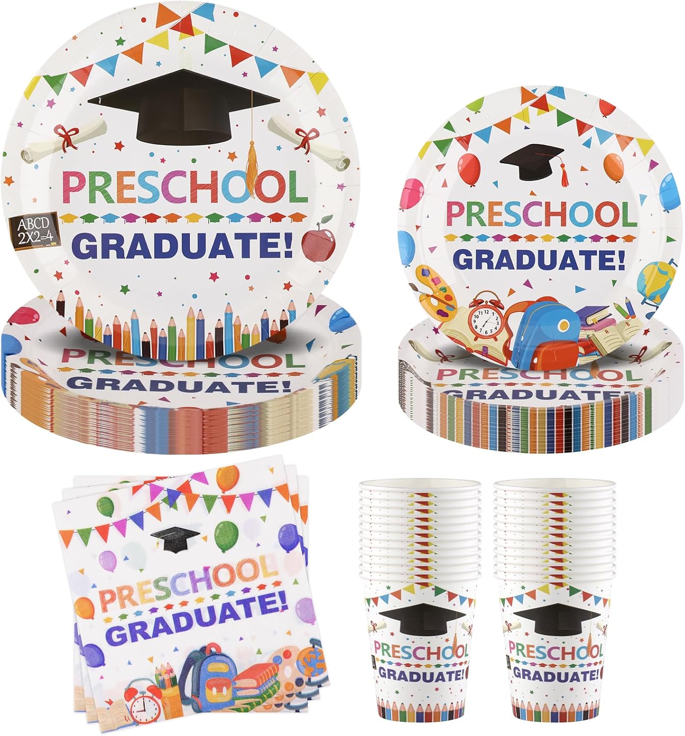 Preschool Graduation Decorations 2025 Set for 24-Disposable Paper Plates and Napkins, Cups, Tableware PreK Congrats Grad Party Decor for Preschool Kindergarten Graduation Party Supplies