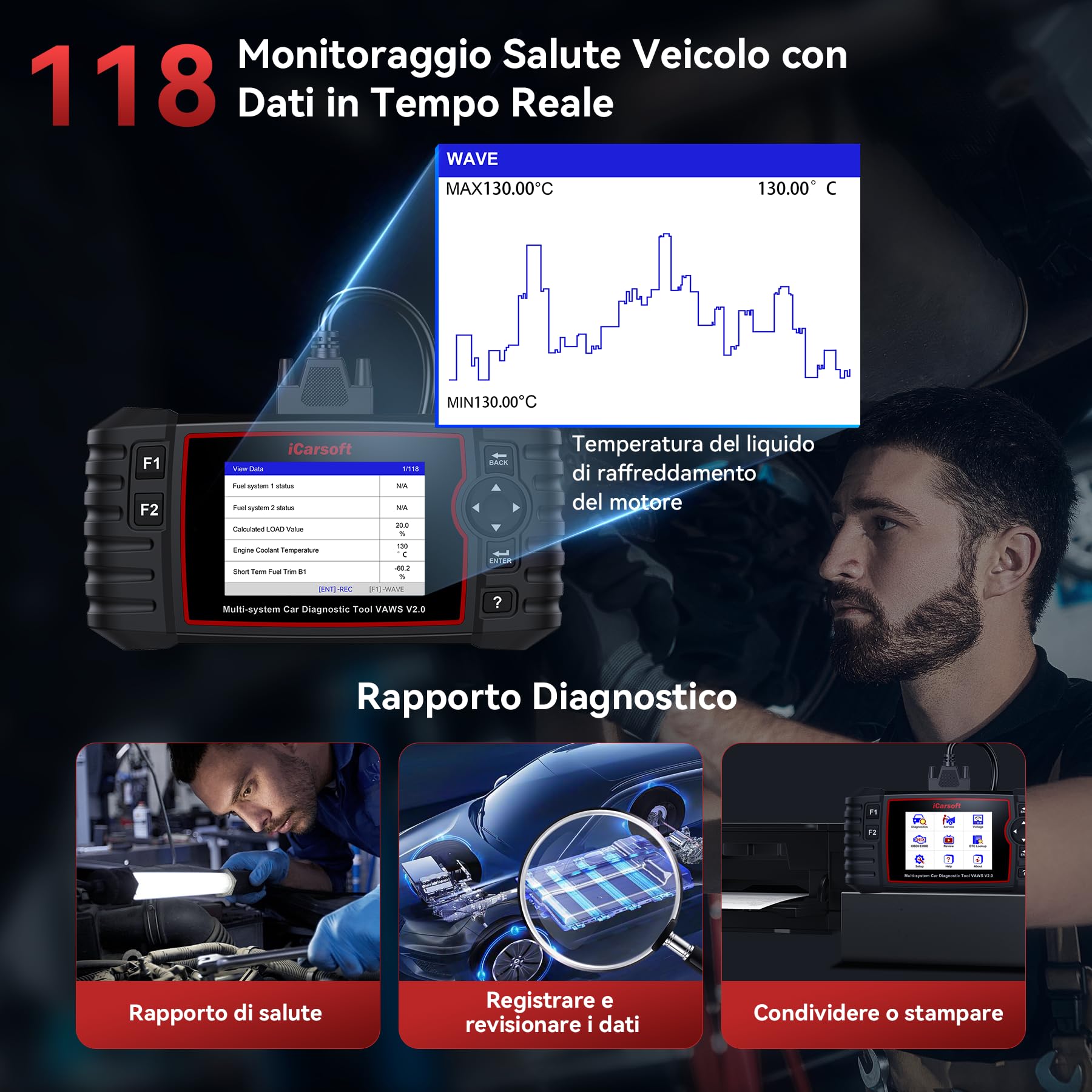 iCarsoft VAWS V2.0 OBD2 Auto Diagnostica per V.W/AU.di/Skoda/Seat, Diagnosi Auto in Italiano Tutti i Sistemi, 9 Funzioni di Ripristino, Olio/EPB/BMS/ETC/SAS/INJ/TPMS/DP-F/ABS, Aggiornamento a Vita