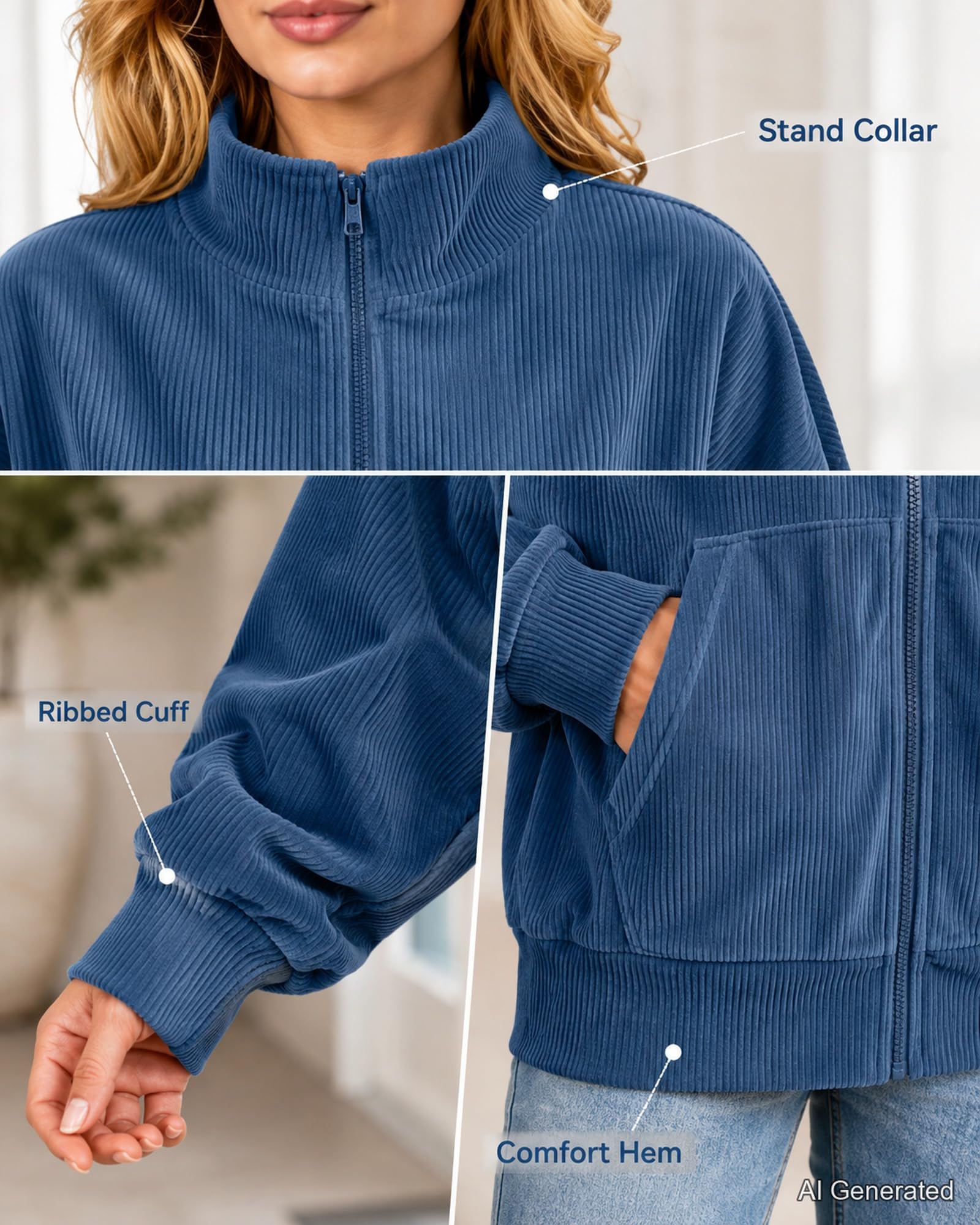 Oversized Jacket For Women Full Zip Stand Collar Long Sleeve With Pockets
