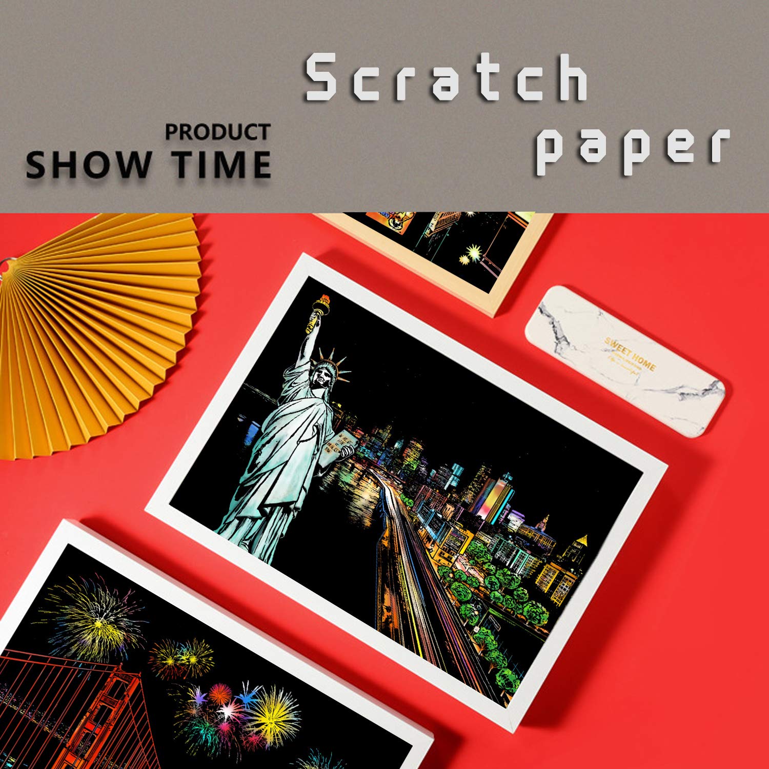 Scratch Paper Rainbow Painting Sketch, City Series Night Scene, Scratch Painting Creative Gift, Scratchboard pour Adultes et Enfants avec 4 Outils