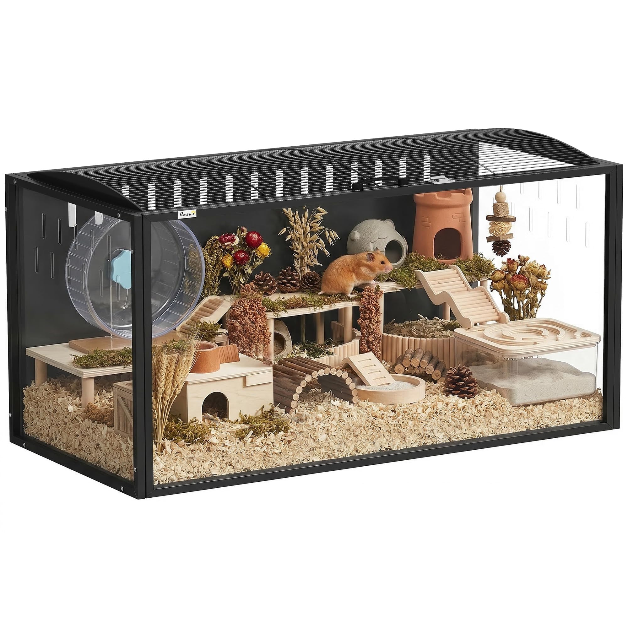 PawHut Jaula para Hámster Grande, 105x51x53 cm, Casa para Roedores Pequeños con Tapa Ventilada Abatible, Marco Metálico, Paneles Transparentes de Acrílico, Resistente a Mordiscos, Ratas, Jerbos, Negro