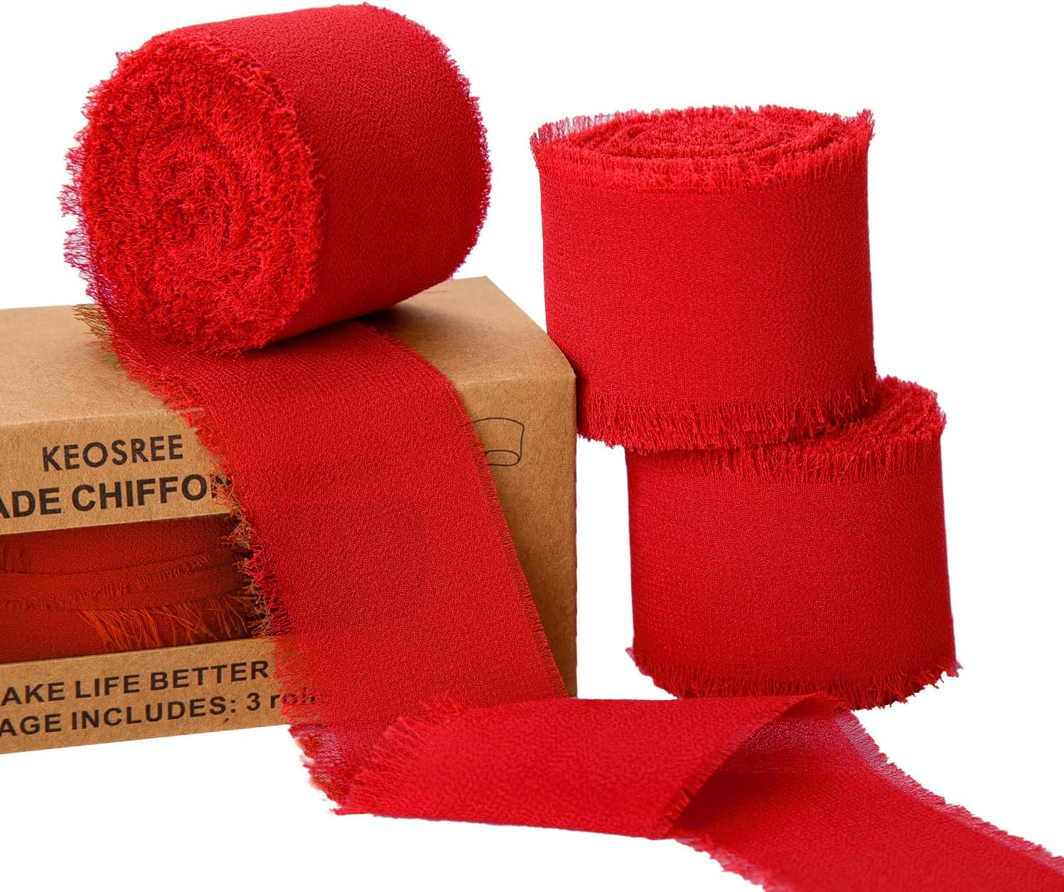 KEOSREE 3 Rolls Red Handmade Chiffon Ribbon,1.5" x 21Yd(3 Rolls *7Yd) | Frayed Fringe Silk Ribbons for Gifts Wrapping, Wedding Invitations, Bridal Bouquets, Decorations