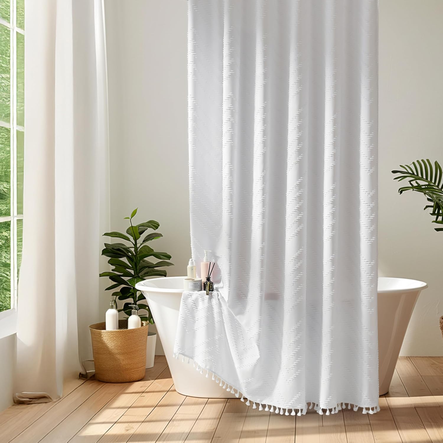 Siiluminisoy White Shower Curtain Fabric Boho Shower Curtain Cloth Textured Tufted Chevron Elegant Shower Curtains Waterproof for Bathroom 72" x 72"