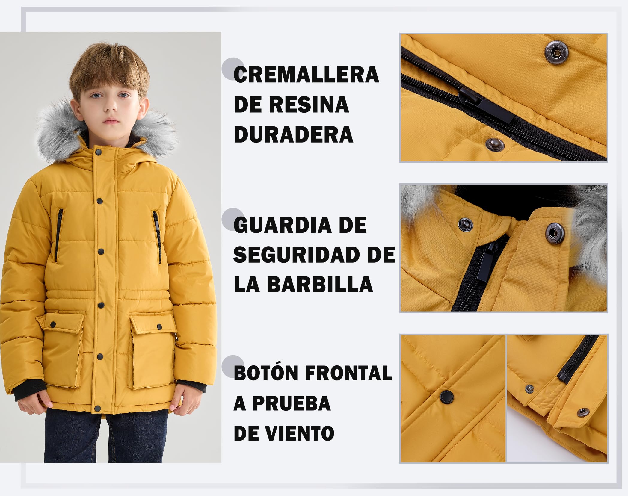 maoo garden Abrigo de Invierno Acolchado para Niños, Chaqueta con Capucha de Piel Forrada de Sherpa de Peso Pesado para Niños Grandes, Parka de Nieve Resistente al Agua