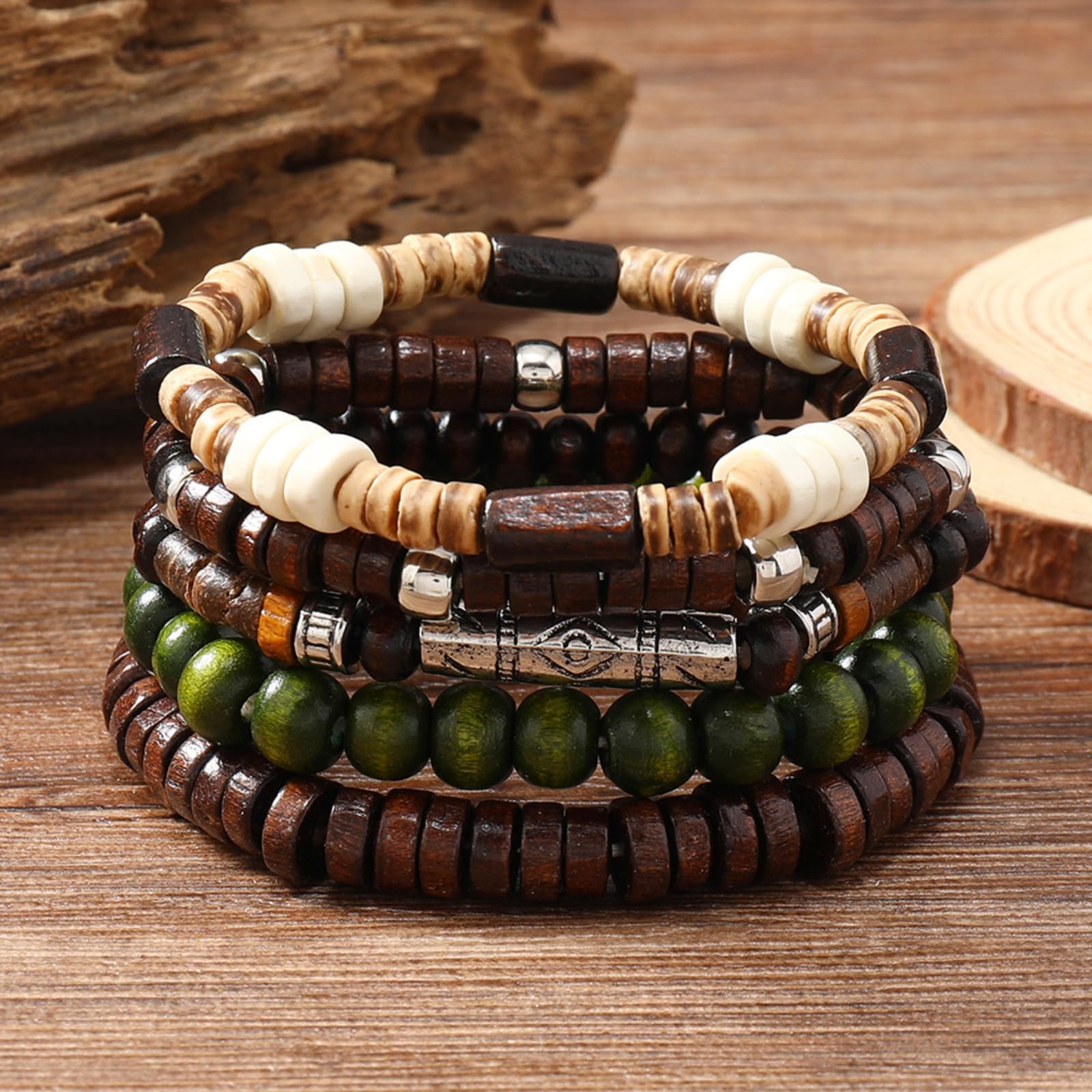 Set di 5 Braccialetti di Perline di Legno da Uomo e Donna - Stile Funky, Braccialetti di Perline per la Festa del papà, la Festa della Mamma, Natale, Compleanni, Giorno del Ringraziamento