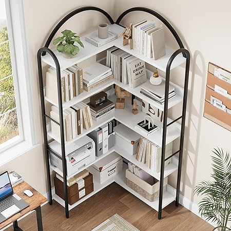 Corner Bookcase Large Bookshelf with Storage Arched Design