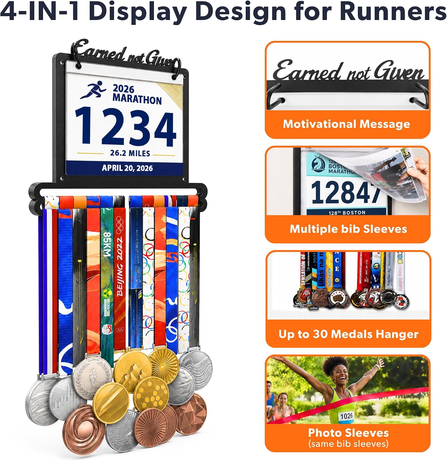 RALO Running Medal Display Rack with Race Bib Holder | Painted metal Premium Steel, Marathon Athletes and Triathletes, Expandable Bib Sleeve, Hardware Included, Gift for Runners