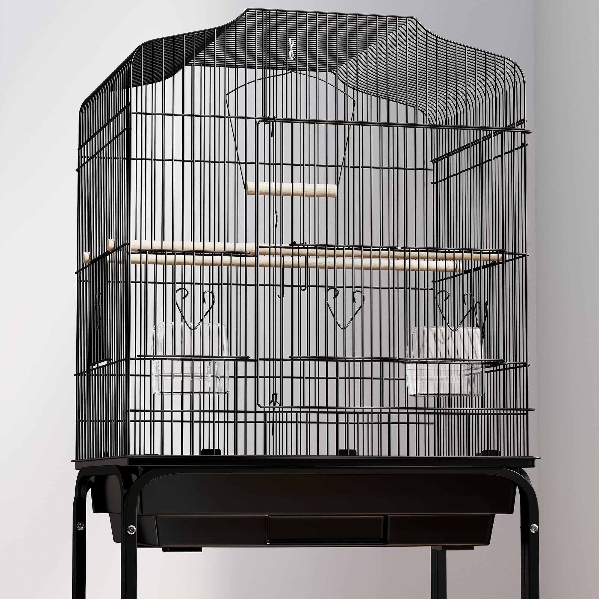 PawHut Jaula para pájaros para periquitos con ruedas de soporte, color negro, 46,5 x 36 x 124 cm | Jaulas para periquitos, para pinzón canario, bandeja deslizante, estante de almacenamiento de accesorios